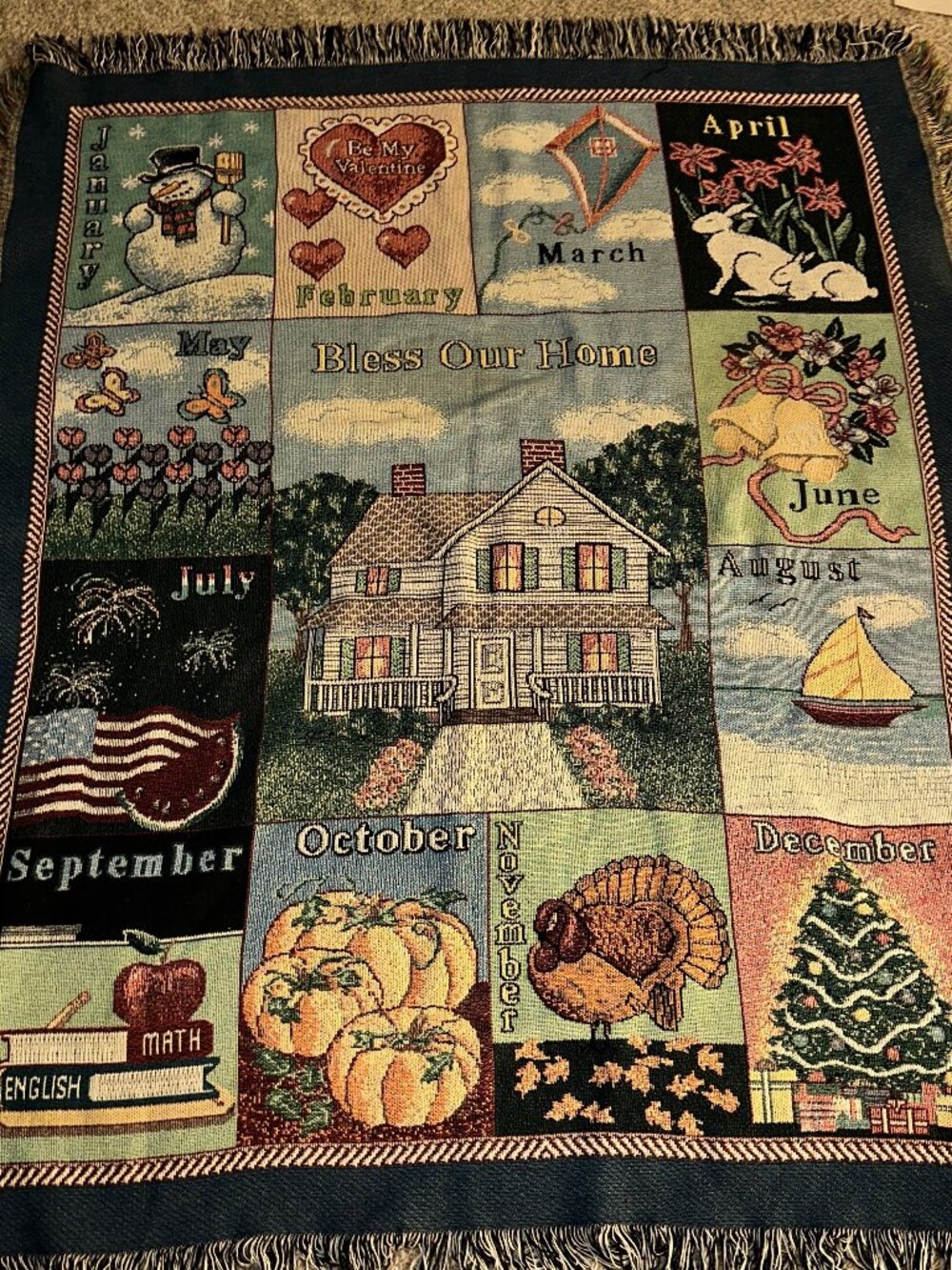 VTG Bless Our Home Calendar Months Tapestry Throw Blanket 51x60" seasons woven